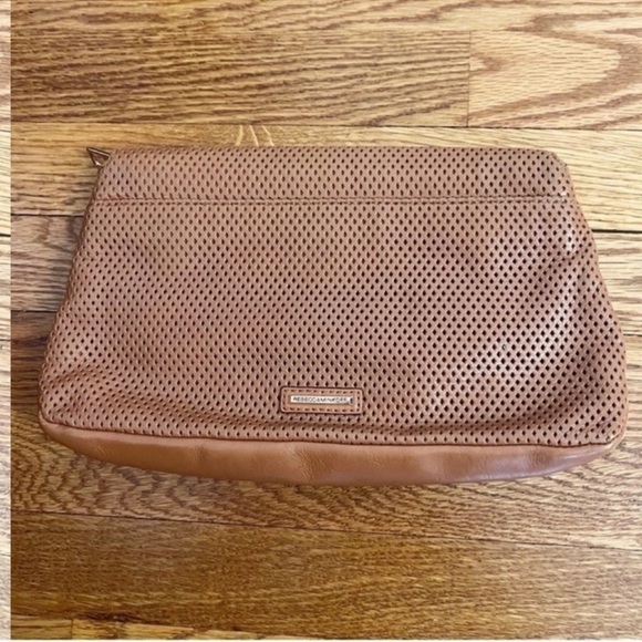 Rebecca Minkoff Perforated Leather Clutch Cognac Brown Magnetic Closure Purse - Picture 2 of 11